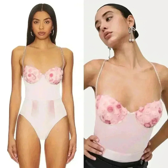 NWT For Love & Lemons Skye Bodysuit Size Medium Pink Roses - Picture 2 of 15